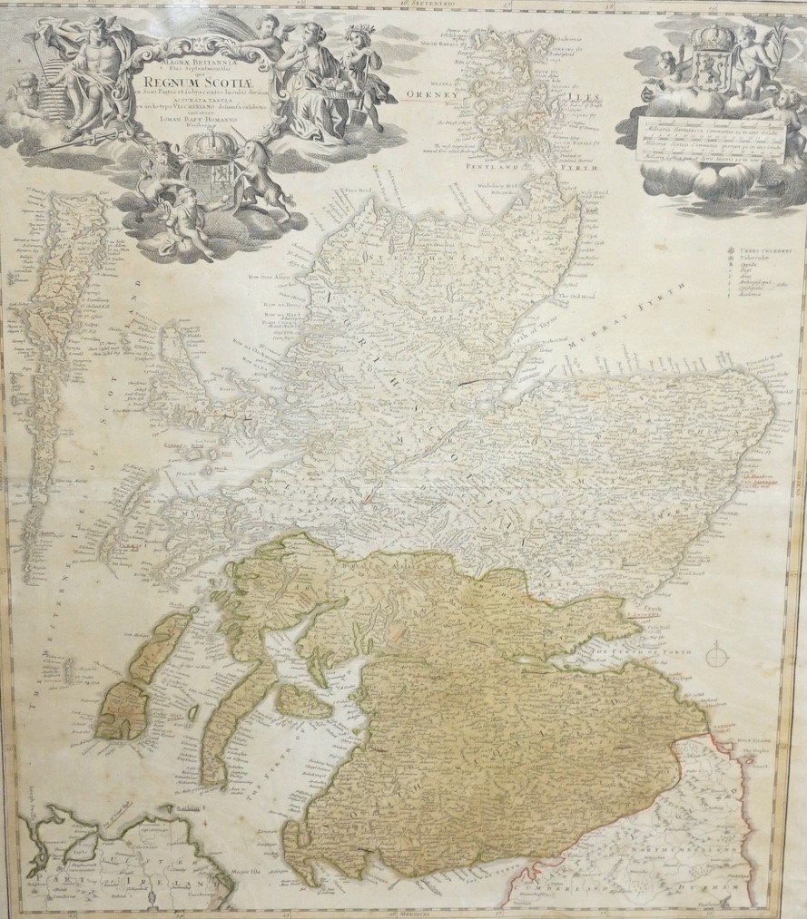 Johan Homann, coloured engraving, Map of Regnum Scotiae c.1720, 62 x 52cm